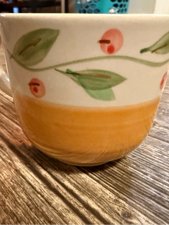 Other - Floral Ceramic Mug Yellow White Green Pink Glossy Pottery Round Pattern